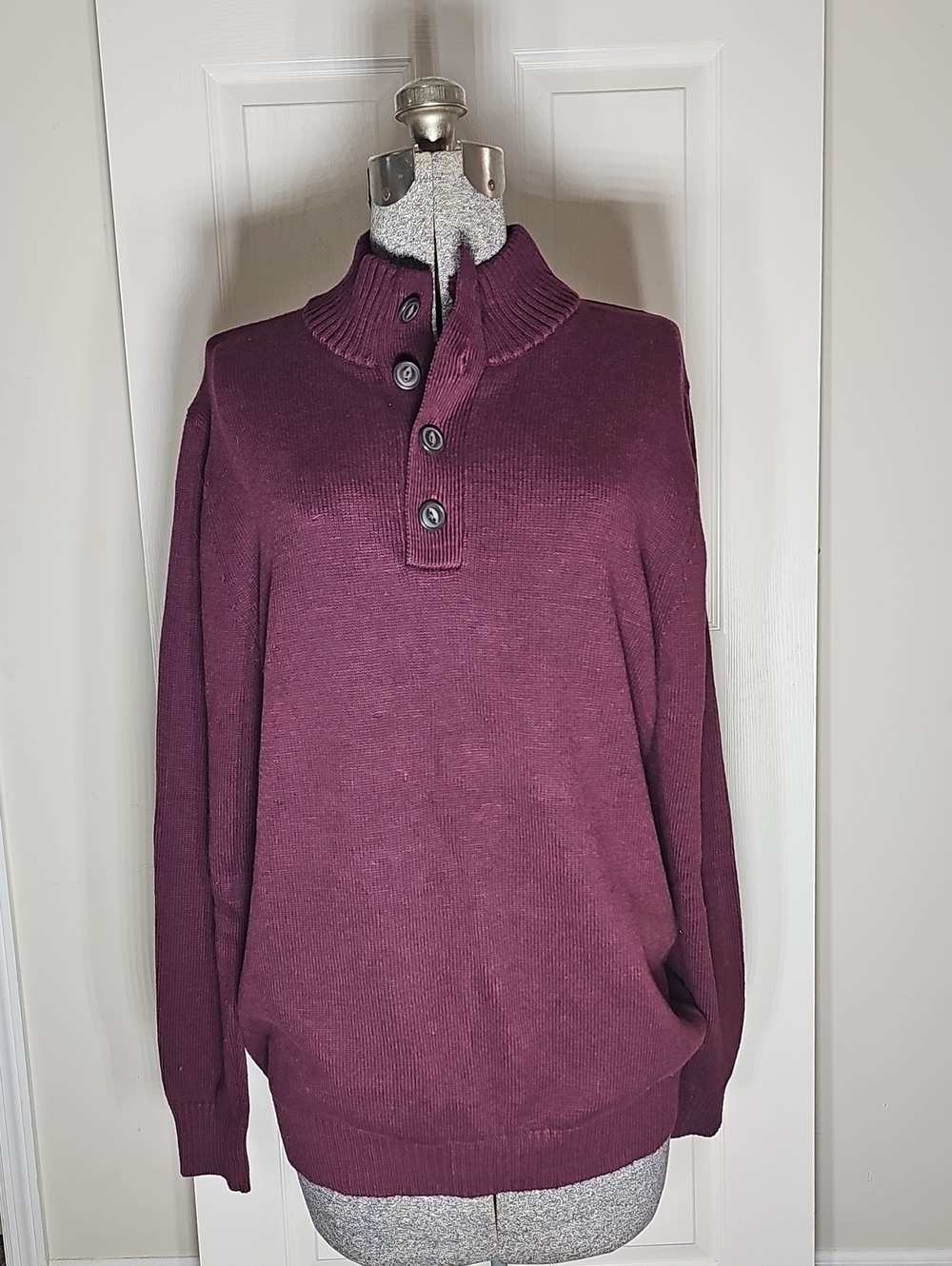 G.H. Bass & Co Knitted Sweater Maroon 1/3 Button Up Collar 100% Cotton Size L